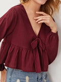 Mardaz- Plunging Neck Knot Front Peplum Blouse Md1421- Maroon