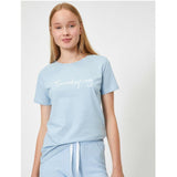 Koton- Cotton Short Sleeve Letter Printed T-Shirt - Blue