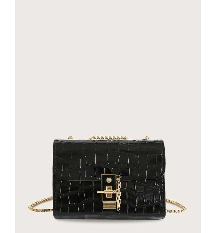 Shein-Black Croc Embossed Flap Chain Crossbody Bag Bagallery Deals