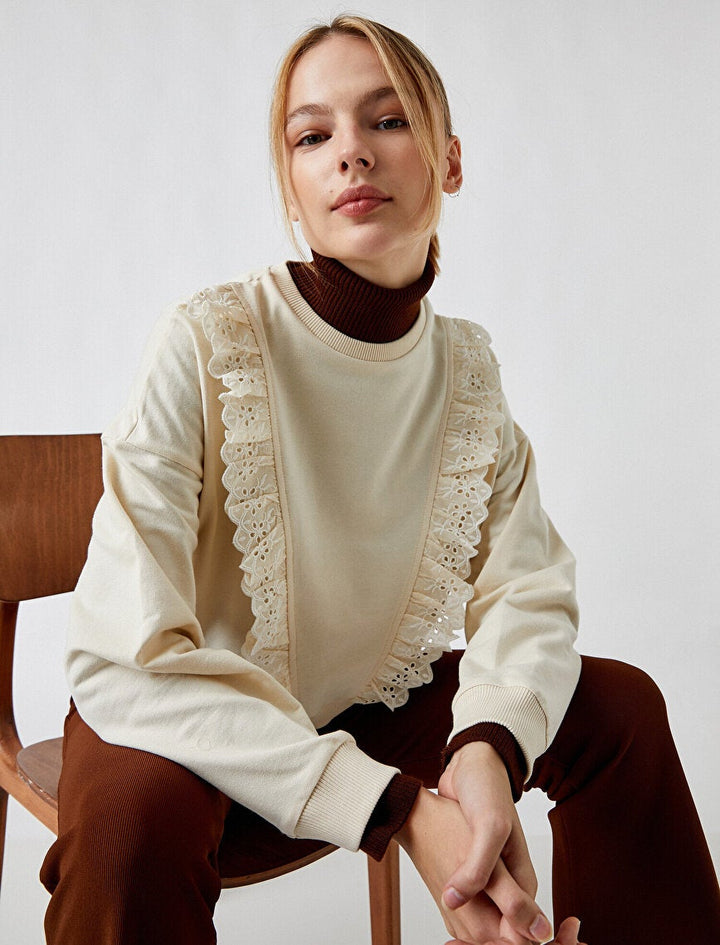 Koton- Front Frilly Embroidered Crew Neck Sweatshirt - Ecru