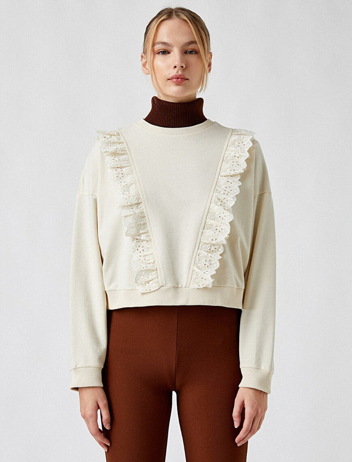 Koton- Front Frilly Embroidered Crew Neck Sweatshirt - Ecru