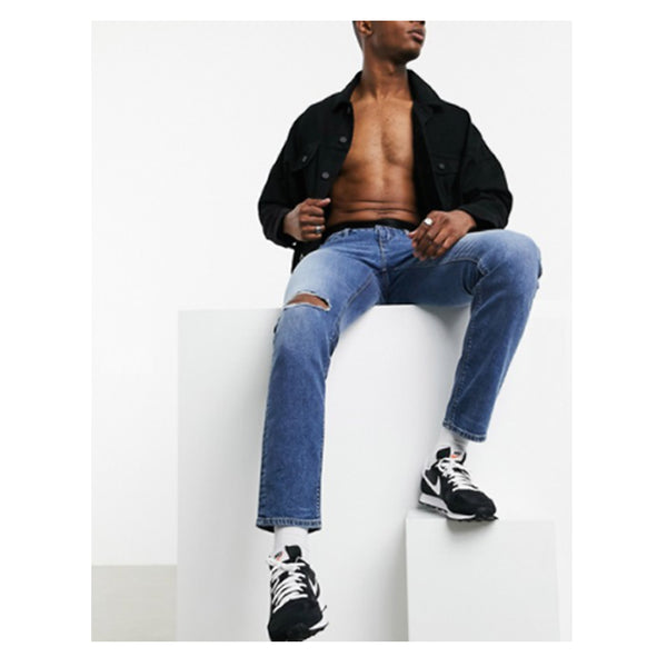 ASOS Design- Responsible Edit slim jeans in mid wash blue with abrasions