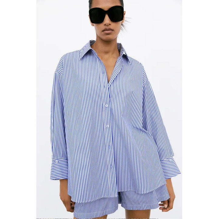 Zara- Striped Poplin Shirt- White/Navy