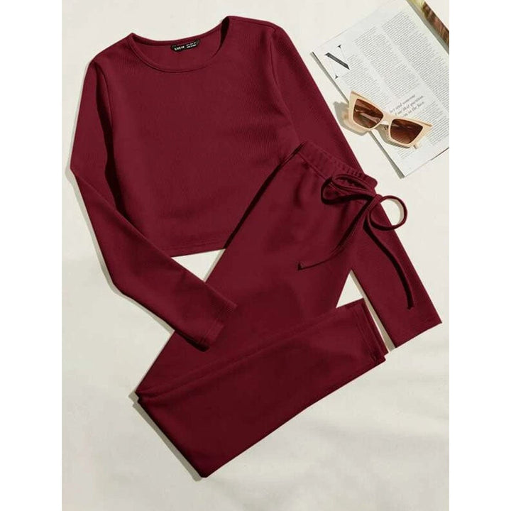 Shein- Rib-knit Solid Top & Tie Waist Leggings Set- Burgundy