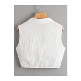 Romwe- Solid Button Bow Sleeveless Blouse
