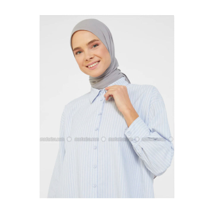 Modanisa- Refka Blue - Stripe - Point Collar - Cotton - Tunic