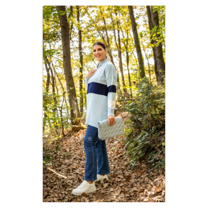 Modanisa- Alia Ecru - Navy Blue - Crew neck - Plus Size Knit Tunics