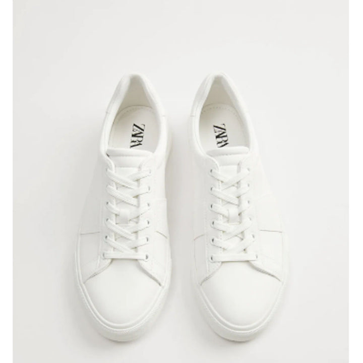 Zara- White Monochrome Sneakers With Side Stripe Detail