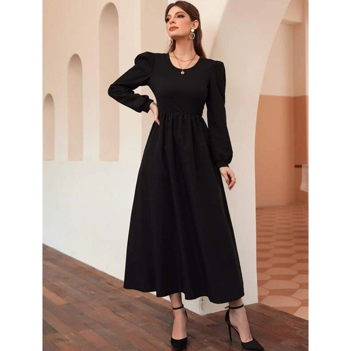 Shein- Solid Puff Sleeve Dress Without Belt