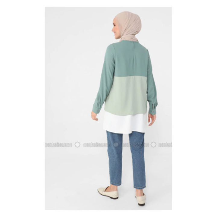 Modanisa- Refka White - Green Almond - Ecru - Mint - Crew neck - Tunic