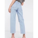 Asos Design- Recycled Florence Authentic Straight Leg Jeans in Bright Lightwash Blue with Rips and Raw Hem