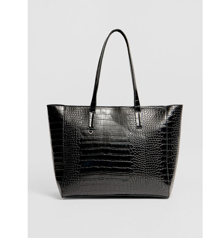 Stradivarius- Black Mock croc effect tote bag