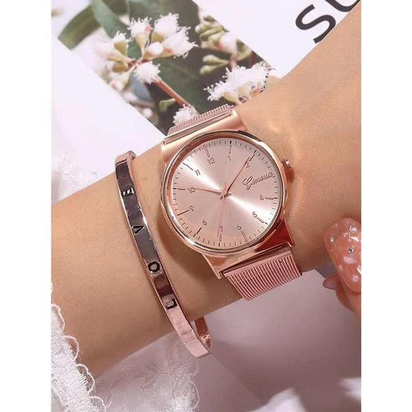 Shein- 1pc Mesh Strap Quartz Watch & 1pc Bracelet- Rose Gold