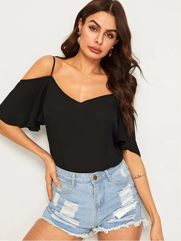 Mardaz- Cold Shoulder Layered Sleeve Top Md825- Black