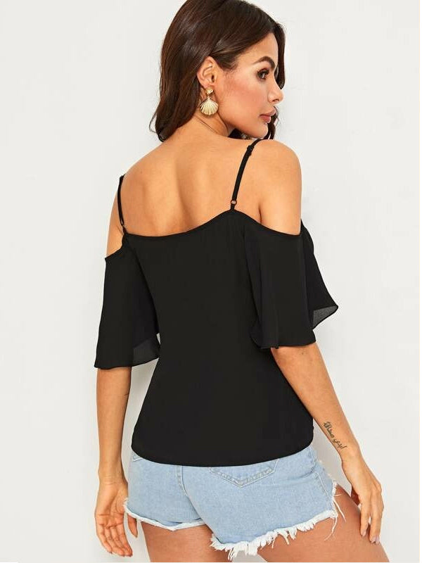 Mardaz- Cold Shoulder Layered Sleeve Top Md825- Black