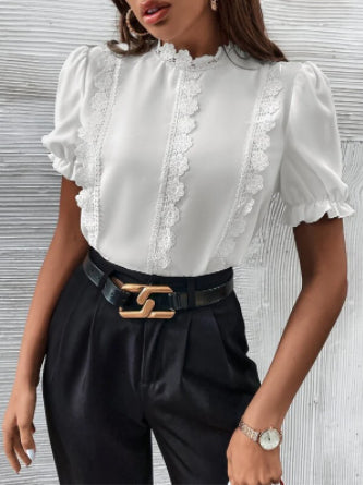 Shein-  Contrast Guipure Lace Puff Sleeve Blouse