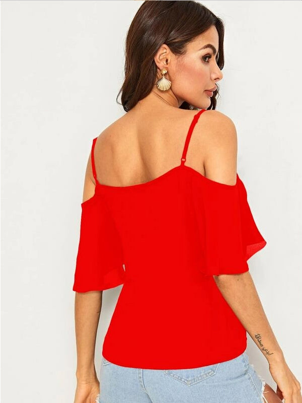 Mardaz- Cold Shoulder Layered Sleeve Top Md840- Red