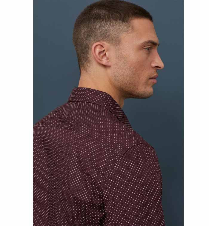 H&M- Men Slim Fit Easy-Iron Shirt- Burgundy/White Dotted