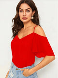 Mardaz- Cold Shoulder Layered Sleeve Top Md840- Red