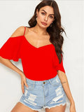 Mardaz- Cold Shoulder Layered Sleeve Top Md840- Red
