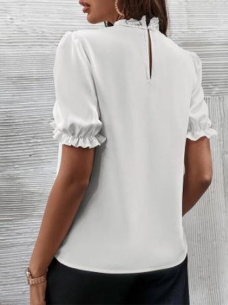 Shein-  Contrast Guipure Lace Puff Sleeve Blouse