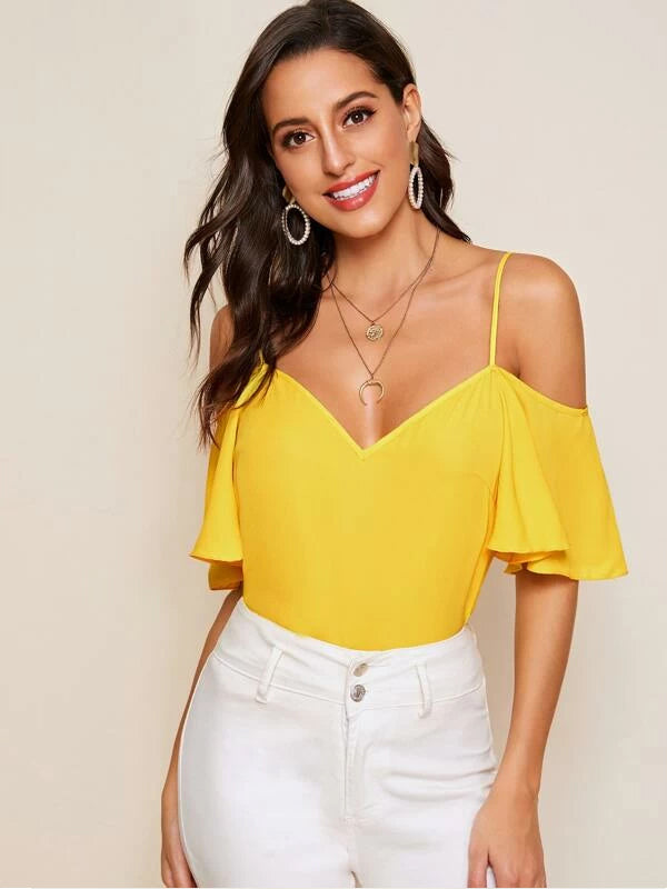 Mardaz- Cold Shoulder Layered Sleeve Top Md830- Yellow