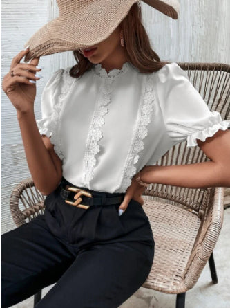 Shein-  Contrast Guipure Lace Puff Sleeve Blouse