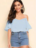 Mardaz- Cold Shoulder Layered Sleeve Top Md835- Baby Blue