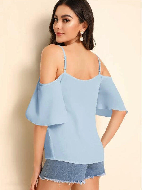 Mardaz- Cold Shoulder Layered Sleeve Top Md835- Baby Blue