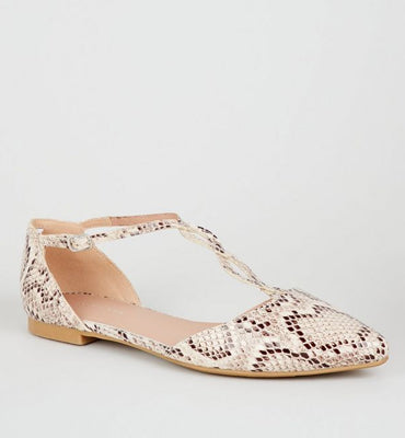 New Look- Camel Faux Snake Twist T-Bar Strap Pumps