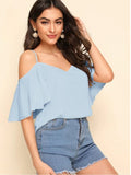 Mardaz- Cold Shoulder Layered Sleeve Top Md835- Baby Blue