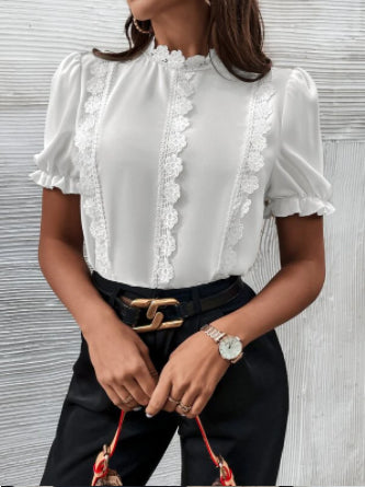 Shein-  Contrast Guipure Lace Puff Sleeve Blouse