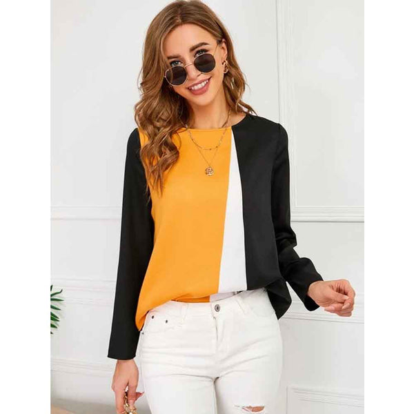 Shein- Color Block Keyhole Back Blouse