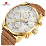 Naviforce- Waterproof 24 hour Date Quartz Watch Leather Straps With Brand Box - NF9148 Gold Brown