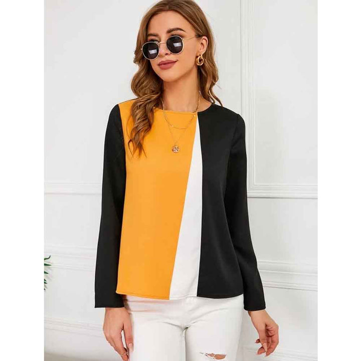 Shein- Color Block Keyhole Back Blouse