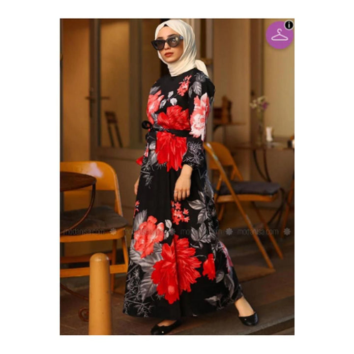 dress modanisa Modanisa- Black - Black - Floral - Crew neck - Unlined - Cotton