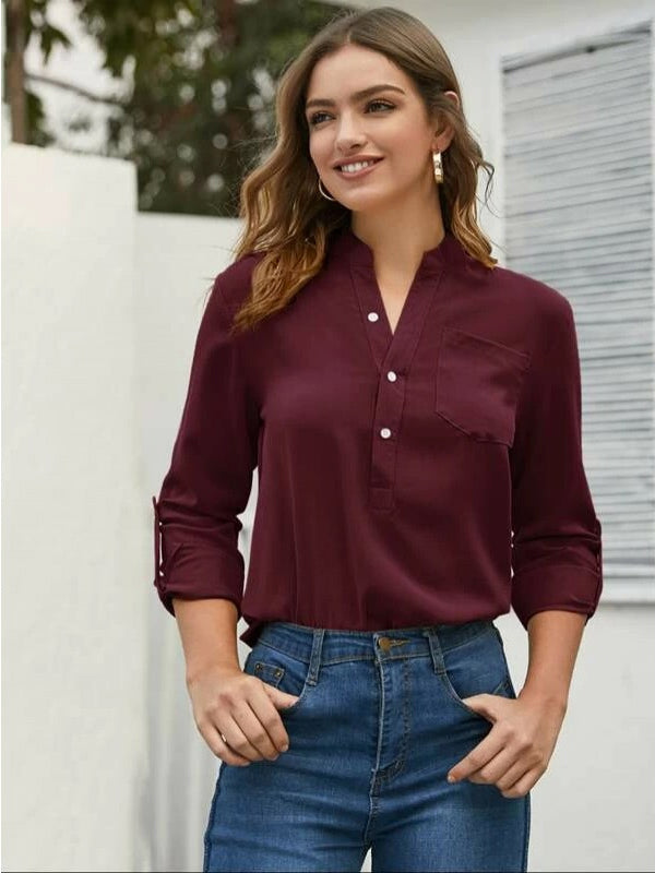 Mardaz- Solid Rolled Up Sleeve Pocket Front Blouse Md448- Maroon