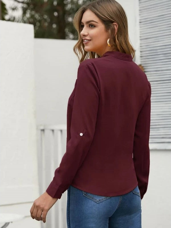 Mardaz- Solid Rolled Up Sleeve Pocket Front Blouse Md448- Maroon