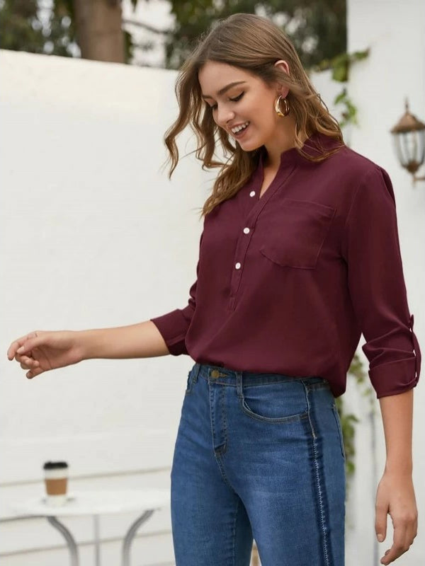 Mardaz- Solid Rolled Up Sleeve Pocket Front Blouse Md448- Maroon