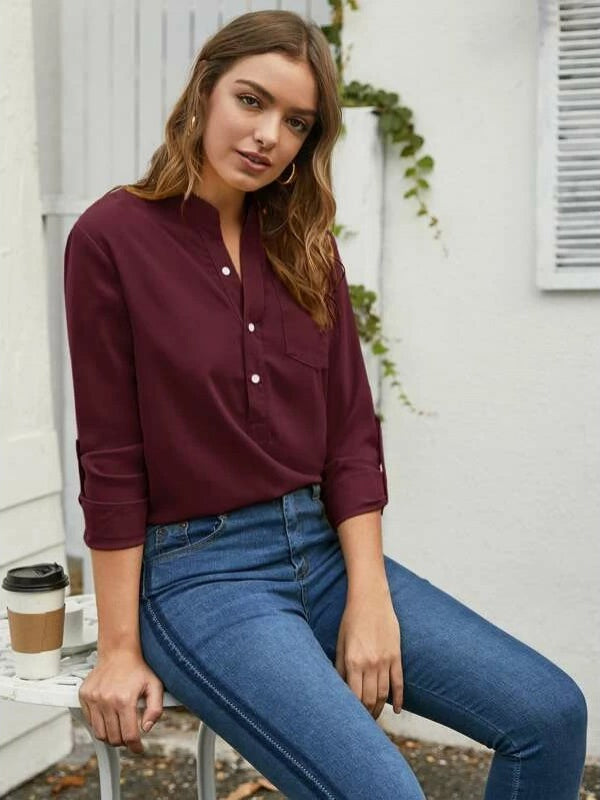 Mardaz- Solid Rolled Up Sleeve Pocket Front Blouse Md448- Maroon