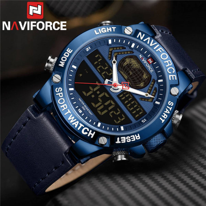 NAVIFORCE- Digital & Analog Sport Wristwatch Genuine Leather Wrist Watch With Brand Box - NF9164 Blue