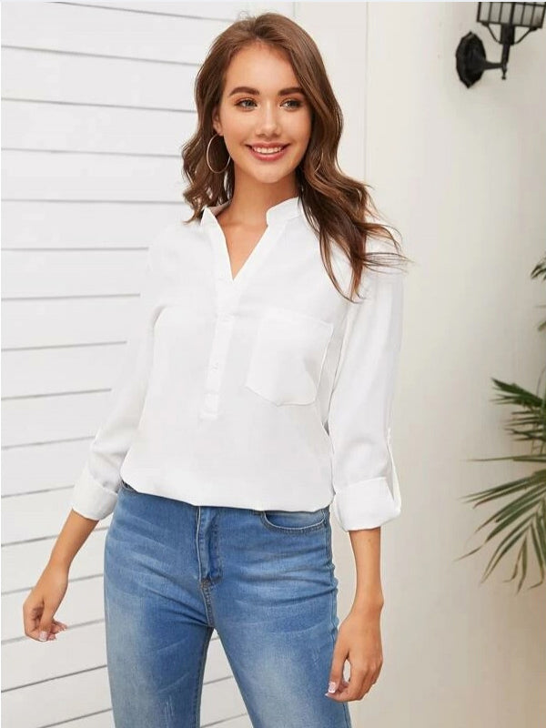 Mardaz- White Solid Rolled Up Sleeve Pocket Front Blouse Md464- White