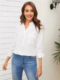 Mardaz- White Solid Rolled Up Sleeve Pocket Front Blouse Md464- White