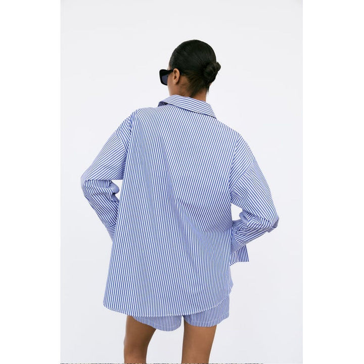 Zara- Striped Poplin Shirt- White/Navy