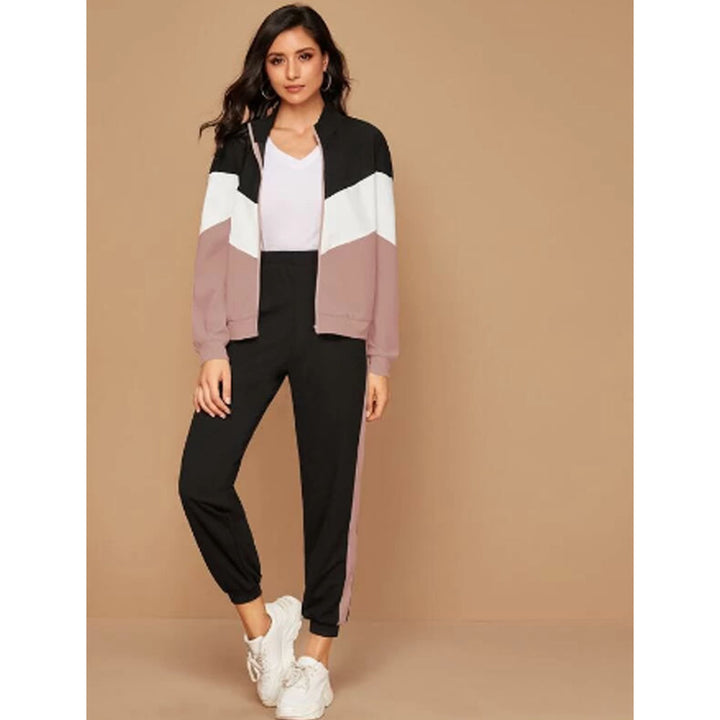 Shein- Zip Up Chevron Colourblock Sweatshirt & Joggers Set