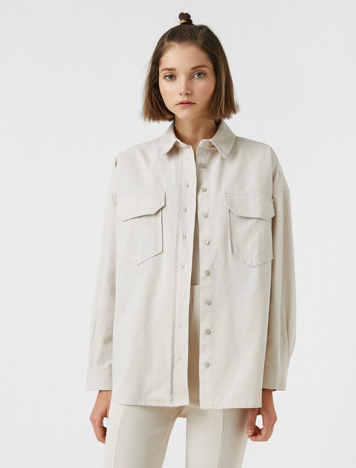 Koton- Cotton Back Printed Oversize Shirt- Stone