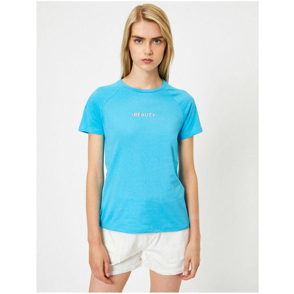 Koton- Round Neck Short Sleeve Letter Printed T-Shirt - Blue