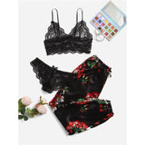 Shein- 3pack Floral Lace Lingerie Set With Floral Print Satin Pants