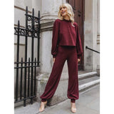 Shein- Lantern Sleeve Rib-knit Top and Trousers Set