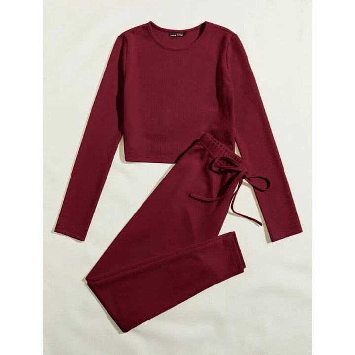 Shein- Rib-knit Solid Top & Tie Waist Leggings Set- Burgundy